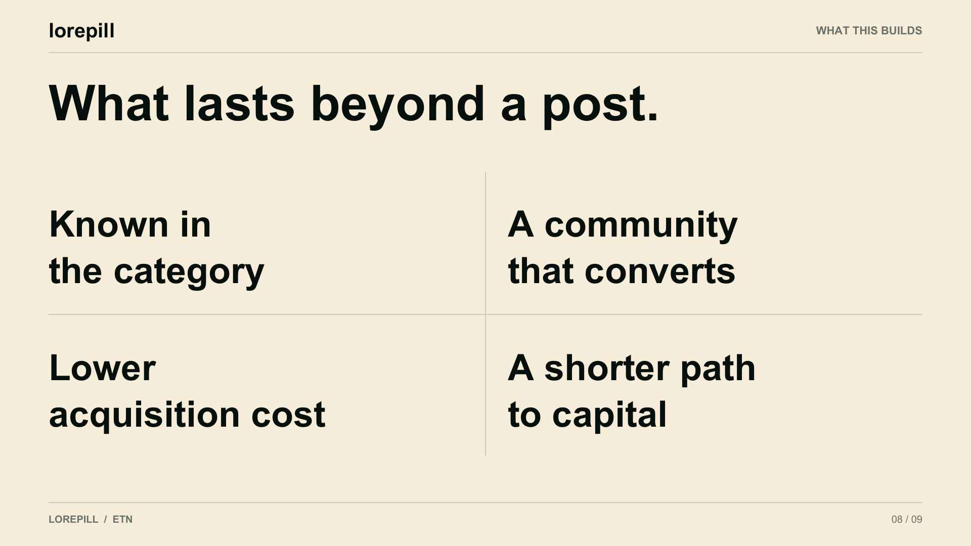 Longer-term outcomes: category recognition, a community that converts, lower acquisition cost, and a shorter path to capital.